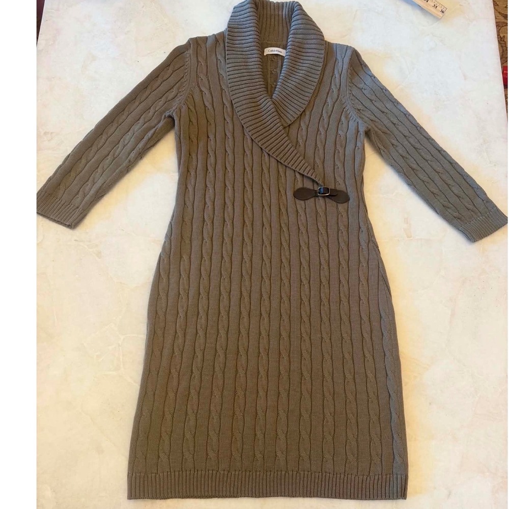 Calvin Klein Taupe Cable Knit Sweater Dress Shawl Collar Buckle CDNEW9541